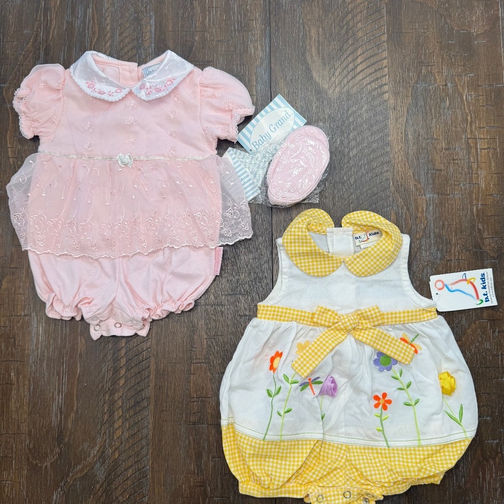 VTG Grand & BT Kids Romper Set Floral Gingham Easter Spring Outfit 3-6 6-9M